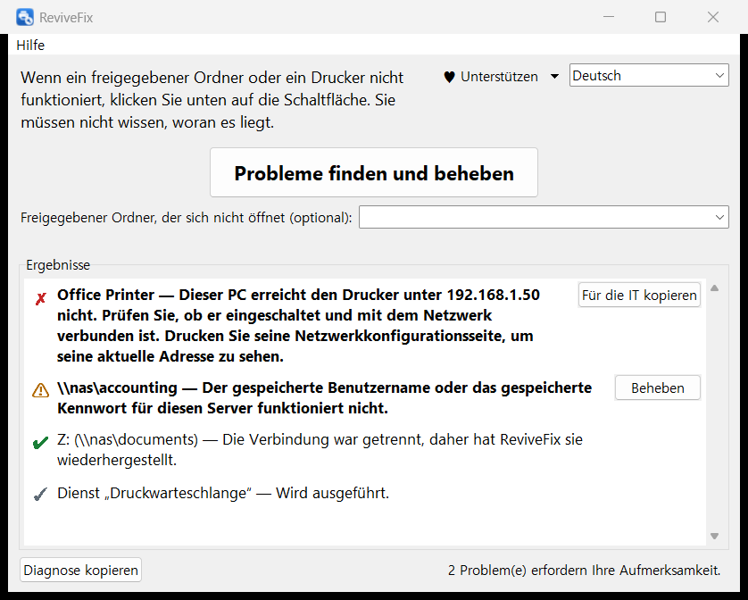 Hauptfenster von ReviveFix