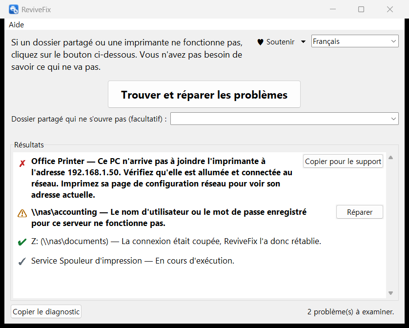 Fenêtre principale de ReviveFix